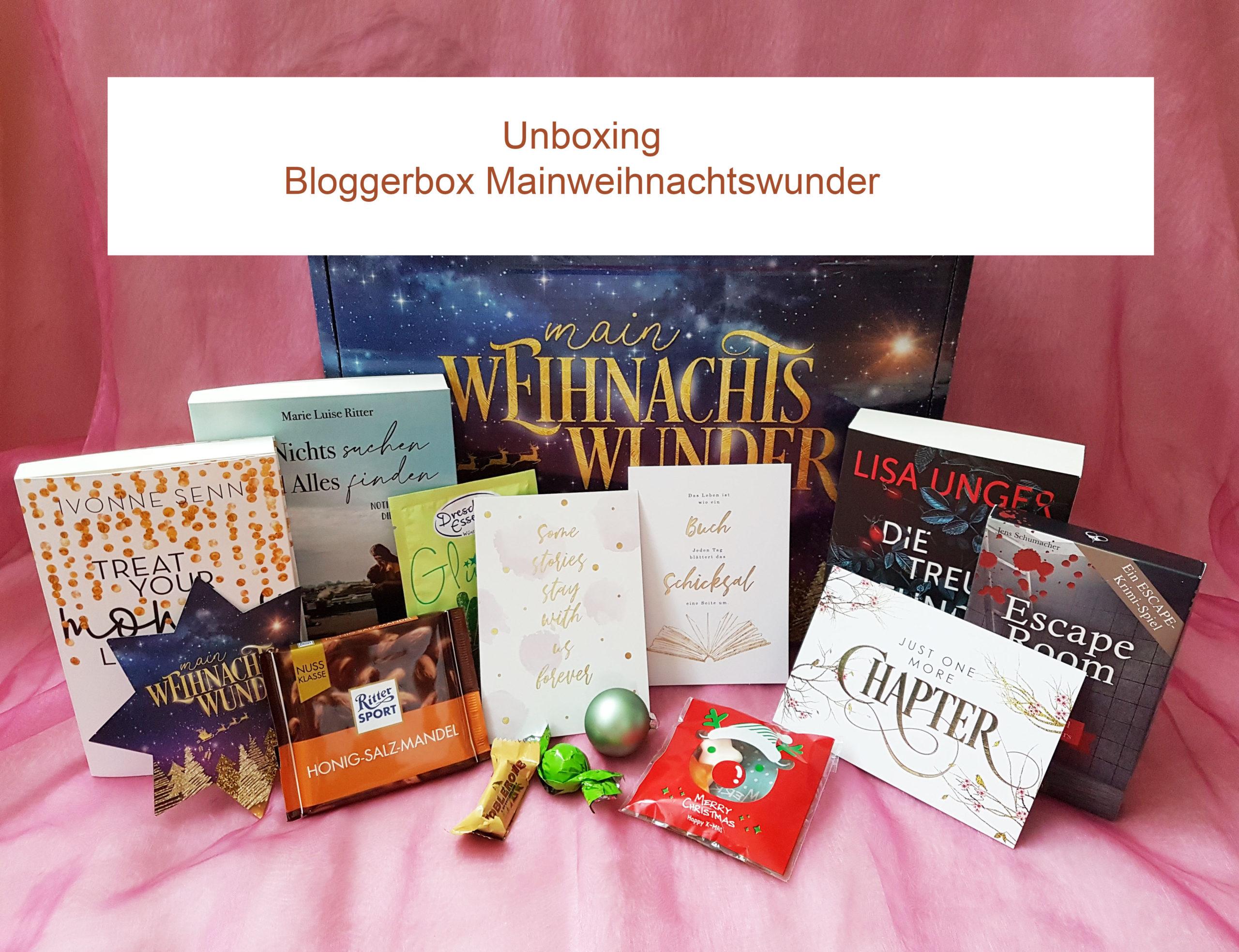 Bloggerbox der Agentur Mainwunder zu Weihnachten 2020 mit Büchern, Goodies und Süßigkeiten
