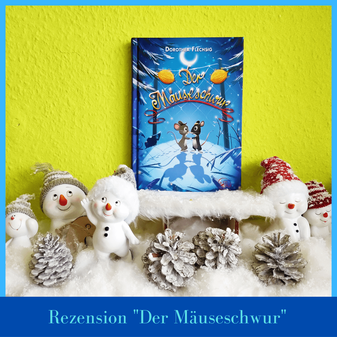 Das Buch Der Mäuseschwur steht auf einem Schlitten, umringt von Schneemännern, Tannenzapfen und Watte.