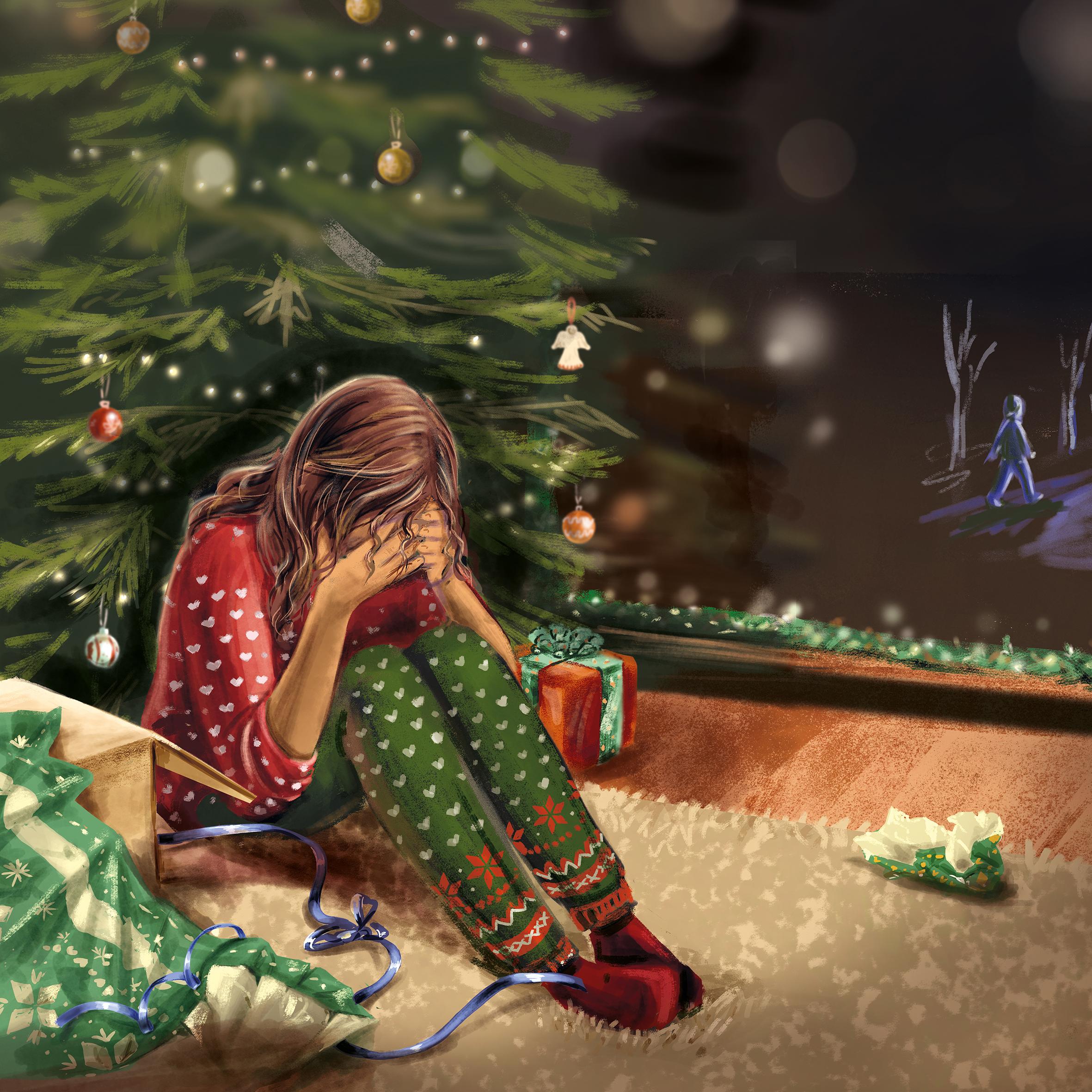 Mädchen sitzt traurig unter dem Weihnachtsbaum zwischen ausgepackten und unausgepackten Geschenken