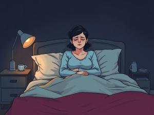 Frau liegt bei kleinem Licht im Bett und hält sich den Bauch