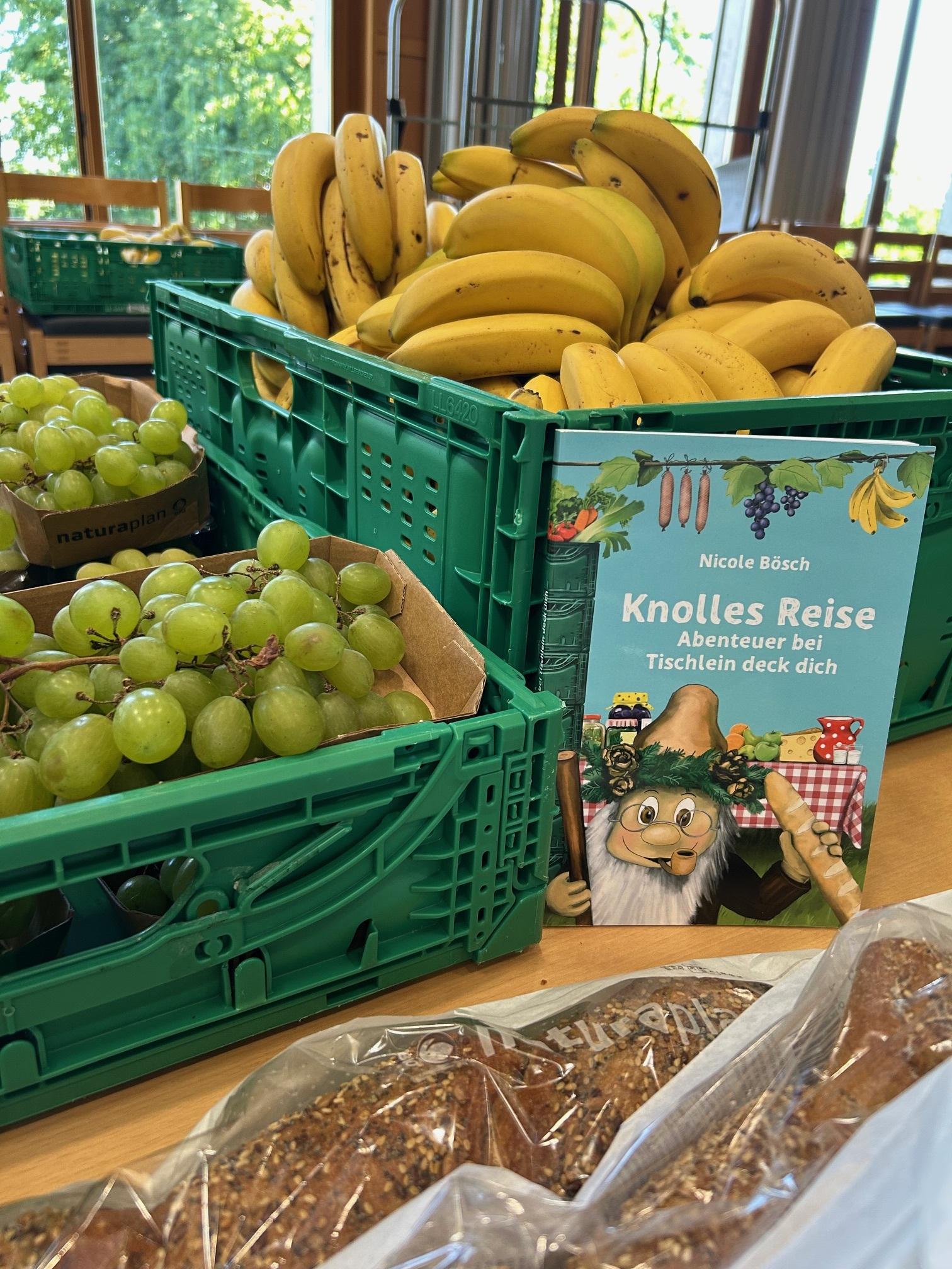 Das Buch Knolles Reise Abenteuer bei Tischlein deck dich wird zwischen Lebensmitteln der Organisation Tischlein deck dich präsentiert